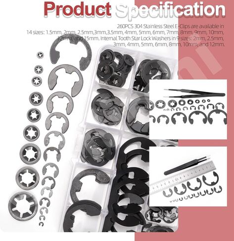 Hilitchi 261Pcs Steel Black Oxide Finish Push on Locking Washer External Retaining Ring Internal Tooth Star Lock Washers E Clip with Tweezer for Machine Shaft Electrical Automobiles in Saudi Arabia