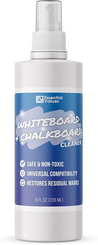 Whiteboard Cleaner Spray (8 fl oz), The Best for Removing Shadowing from Dry Erase Boards, Chalkboards & Liquid Chalk Markers - Safe & Non-Toxic, Made in USA by Essential Values (8 oz + Fiber) in Saudi Arabia