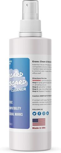 Whiteboard Cleaner Spray (8 fl oz), The Best for Removing Shadowing from Dry Erase Boards, Chalkboards & Liquid Chalk Markers - Safe & Non-Toxic, Made in USA by Essential Values (8 oz + Fiber) in Saudi Arabia