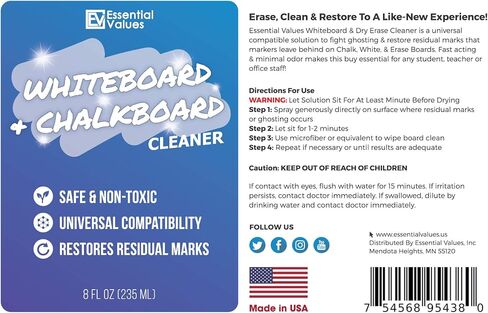 Whiteboard Cleaner Spray (8 fl oz), The Best for Removing Shadowing from Dry Erase Boards, Chalkboards & Liquid Chalk Markers - Safe & Non-Toxic, Made in USA by Essential Values (8 oz + Fiber) in Saudi Arabia