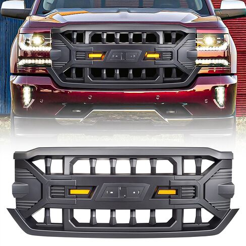 AMERICAN MODIFIED Armor Grille with Off-Road LED Lights Compatible with Chevrolet Silverado 1500, 2016 to 2019 Models, Glossy Black in Kuwait