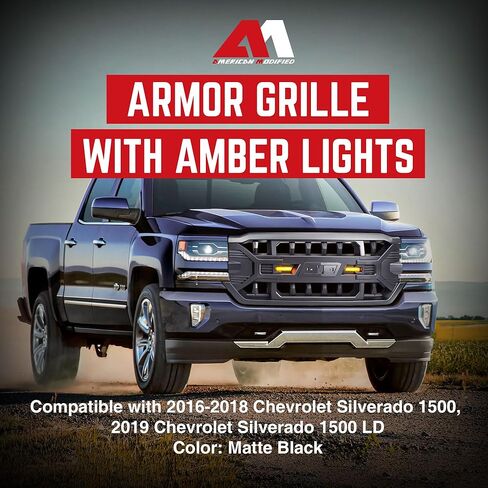 AMERICAN MODIFIED Armor Grille with Off-Road LED Lights Compatible with Chevrolet Silverado 1500, 2016 to 2019 Models, Glossy Black in Kuwait