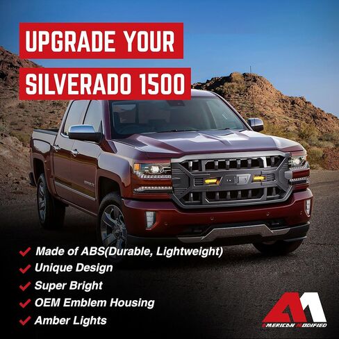 AMERICAN MODIFIED Armor Grille with Off-Road LED Lights Compatible with Chevrolet Silverado 1500, 2016 to 2019 Models, Glossy Black in Kuwait