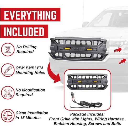 AMERICAN MODIFIED Armor Grille with Off-Road LED Lights Compatible with Chevrolet Silverado 1500, 2016 to 2019 Models, Glossy Black in Kuwait