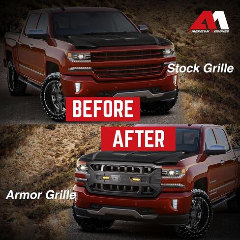 AMERICAN MODIFIED Armor Grille with Off-Road LED Lights Compatible with Chevrolet Silverado 1500, 2016 to 2019 Models, Glossy Black in Kuwait