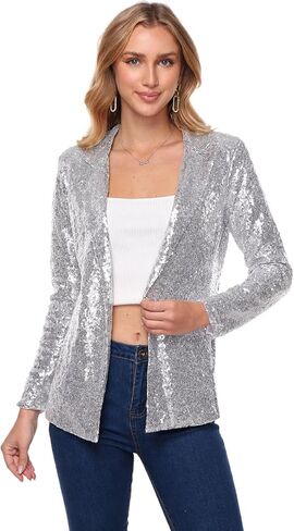 Women's Sequin Jacket Open Front Sparkly Blazer Jackets Casual Long Sleeve Party Glitter Cardigan Coat with Pockets in Saudi Arabia