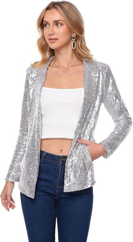 Women's Sequin Jacket Open Front Sparkly Blazer Jackets Casual Long Sleeve Party Glitter Cardigan Coat with Pockets in Saudi Arabia