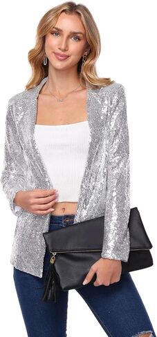Women's Sequin Jacket Open Front Sparkly Blazer Jackets Casual Long Sleeve Party Glitter Cardigan Coat with Pockets in Saudi Arabia