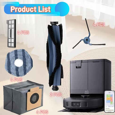 مجموعة إكسسوارات X10 مكونة من 18 قطعة بديلة متوافقة مع مكنسة Eufy X10 3930 3933 Pro Omni الكهربائية، 2 فرشاة رئيسية، 4 وسادات قماش ممسحة، 4 فرش جانبية، 4 مرشحات HEPA، 4 أكياس غبار بديلة in Kuwait