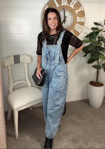 بدلة قفز نسائية من قماش الدنيم من HTD فضفاضة وواسعة الساق مع جيوب واسعة in Kuwait