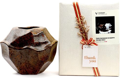 Brown White Rustic Ceramic Vase, Farmhouse Flower Vase, Stone Shaped Terra Cotta Vase, Indoor Outdoor Flower Vase for Home Decor, Office Decor, Table Centerpieces, Packaged as a Gift. in Saudi Arabia