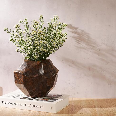 Brown White Rustic Ceramic Vase, Farmhouse Flower Vase, Stone Shaped Terra Cotta Vase, Indoor Outdoor Flower Vase for Home Decor, Office Decor, Table Centerpieces, Packaged as a Gift. in Saudi Arabia