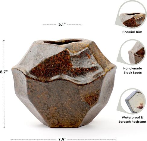 Brown White Rustic Ceramic Vase, Farmhouse Flower Vase, Stone Shaped Terra Cotta Vase, Indoor Outdoor Flower Vase for Home Decor, Office Decor, Table Centerpieces, Packaged as a Gift. in Saudi Arabia