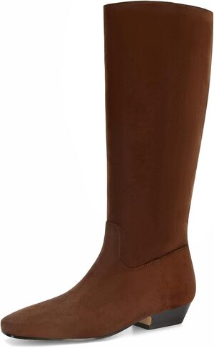 Knee High Boots for Women Square Toe Tall Boots Chunky Low Stacked Heels Long Boots Suede Pull on Wide Calf Comfy Dressy Fashion Casual in Saudi Arabia