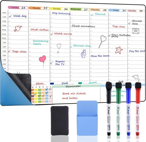 POPRUN Weekly Dry Erase Board Family Calendar for Wall & Glass & Wooden, Non-Magnetic Family Weekly Meal Planner, Self-Adhesive Family Chore Chart 5 Columns for 5 People Wall Calendar 23.6" × 15.7" in Kuwait
