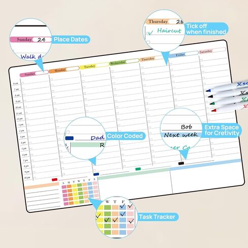 POPRUN Weekly Dry Erase Board Family Calendar for Wall & Glass & Wooden, Non-Magnetic Family Weekly Meal Planner, Self-Adhesive Family Chore Chart 5 Columns for 5 People Wall Calendar 23.6" × 15.7" in Kuwait