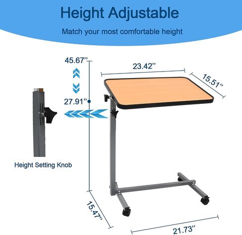 Overbed Table with Wheels,Sturdy Iron Table Frame Adjustable Height & Angle, Over Bed Desk Hospital Tray Table Sofa Chair Side Table for Home Office，Medical Patient Care in Saudi Arabia