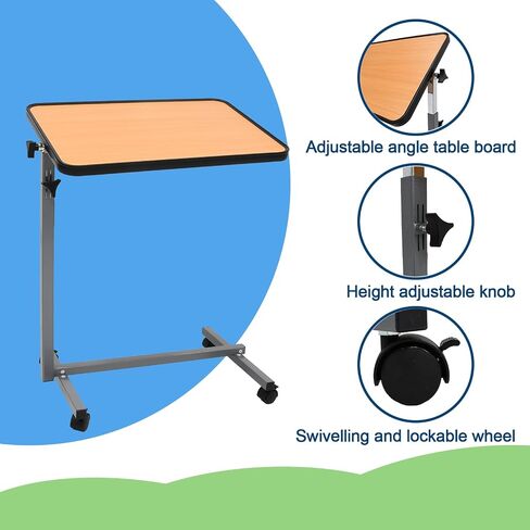 Overbed Table with Wheels,Sturdy Iron Table Frame Adjustable Height & Angle, Over Bed Desk Hospital Tray Table Sofa Chair Side Table for Home Office，Medical Patient Care in Saudi Arabia