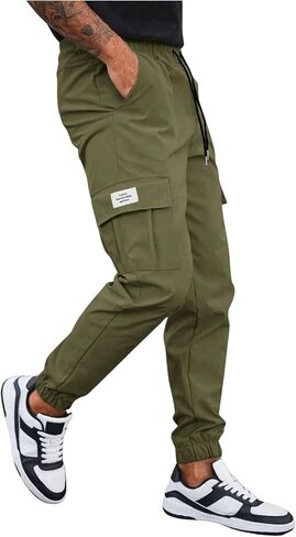 OYOANGLE Men's Letter Patched Drawstring Waist Cargo Pants Casual Joggers with Pocket in Saudi Arabia