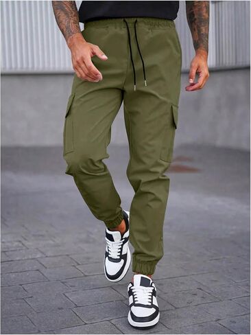 OYOANGLE Men's Letter Patched Drawstring Waist Cargo Pants Casual Joggers with Pocket in Saudi Arabia