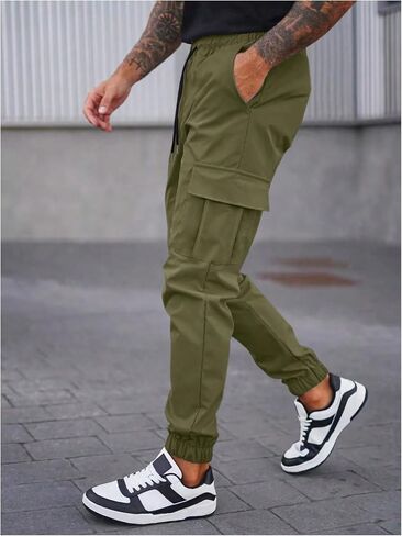 OYOANGLE Men's Letter Patched Drawstring Waist Cargo Pants Casual Joggers with Pocket in Saudi Arabia