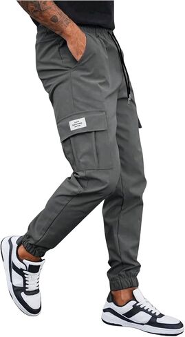 OYOANGLE Men's Letter Patched Drawstring Waist Cargo Pants Casual Joggers with Pocket in Saudi Arabia