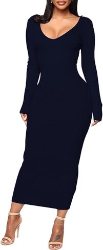 فساتين سترة مضلعة مثيرة للنساء من BestGirl، فستان ضيق متوسط ​​الطول بياقة على شكل V وأكمام طويلة in Kuwait