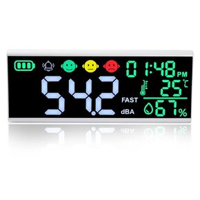 Decibel Meter 30~130dB Sound Level Meter, 13 inches LCD Display Wall Hanging Sound Gauge, Noise Level Detector, Decibel Monitoring Device, Time, Temperature, Humidity for Studio Classroom Home