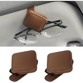 2 Pack Sunglasses Holder for Car, Magnetic Leather Eyeglass Hanger Clip for Vehicle, Car Sun Visor Accessories Brown