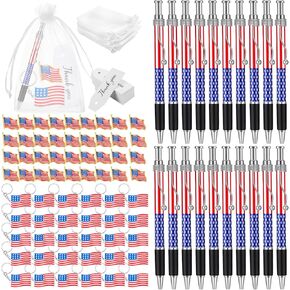 Qilery 250 Pcs Veterans Day Style American Flag Lapel Pins Ballpoint Pen Black Independence Day Flag Keychains Thank You Card Organza Gift Bag for Home Office School 4th of July Party Supplies