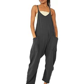 Lumister Womens Adjustable Suspender Cotton Linen Overalls Harem Romper Wide Leg Jumpsuits with Big Pockets