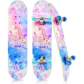 Standard Skateboards with Colorful Flashing Wheels for Beginners, Kids,Teens, 7 Layer Maple Complete Skateboard for Girls Boys, 31" x 7.8" Double Kick Concave Kids skateboard with Skate T-Tool