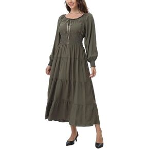 Women's 2024 Fall Casual Long Sleeve Square Neck Elastic High Waist Flowy Tiered Aline Maxi Dress