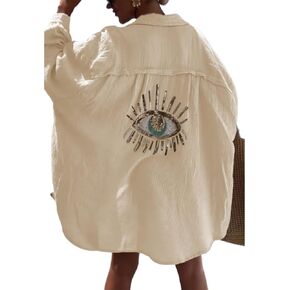 XPONNI Long Sleeve Linen Button Down Shirt Women Oversized Sequin Evil Eye Shirts Dress Beach Cover Ups Summer 2024