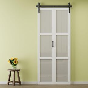 Bifold Barn Doors and Hardware Included, 40" (20" x 2) x 84" 3-Lite Tempered Frosted Glass Bi Fold Barn Door, Easy Setup Pre-Assembled MDF Door Panels Barn Door Bifold Closet Doors