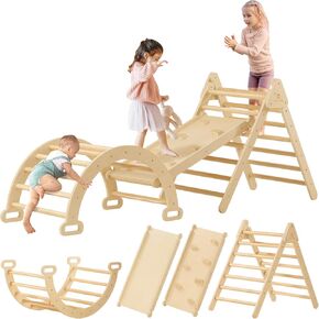 Tiny Land 5-in-1 Rainbow Pikler Triangle Set, Baby Climbing Toys Indoor Playground, Foldable Toddler Climbing Toys, Wooden Montessori Climbing Set for 2+ Years Old, Jungle Gym for Kids