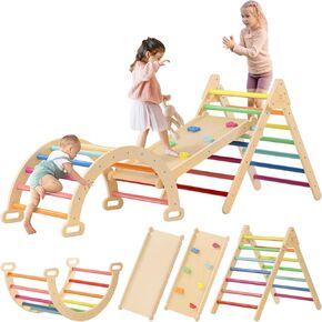 Tiny Land 5-in-1 Rainbow Pikler Triangle Set, Baby Climbing Toys Indoor Playground, Foldable Toddler Climbing Toys, Wooden Montessori Climbing Set for 2+ Years Old, Jungle Gym for Kids