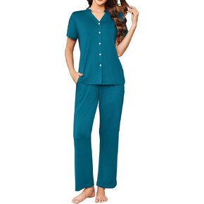 Ekouaer Women Pajamas Set Button Up Pj Sets Short Sleeve Sleepwear with Long Pants Soft Loungewear S-XXL