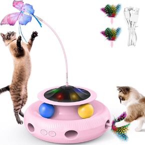 Interactive-Cat-Toy 3 in 1 Automatic Interactive Kitten Toys for Indoor Cats Rechargeable with Fluttering Butterfly, Track Balls and Ambush Feather