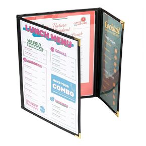 Menu Covers, Double Fold and A Half, 3 Pockets, 6 View, for 8.5" x 11" Letter Size Paper and 4.25" x 11" Paper, Pack of 6, Black Edging + Gold Metal Corner, Made with Leatherette & Vinyl