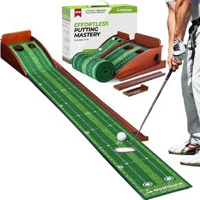 Putting Green, 9.8ft Golf Putting Mat with Automatic Ball Return Track & Putting Mirror, Indoor Putting Greens for Home with Thickened Wrinkle-Free Crystal Velvet, Golf Accessories for Men