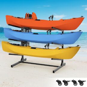 Kayak Storage Rack, Heavy Duty Kayak Racks for Outdoor Indoor Storage, Freestanding Kayak Stand with Wheels, Adjustable Storage Rack for Kayaks, SUPs, Canoe, Paddleboard, 3 Levels