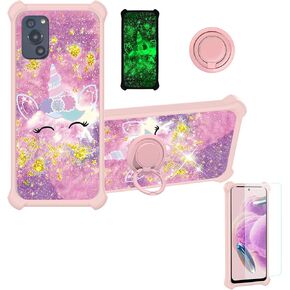 jioeuinly BLU F92E Case Compatible with BLU F92E 5G Phone Case Cover [with Tempered Glass Screen Protector][Hard PC + Soft Silicone][Ring Support] [Gold Glitter+Luminous] JSF-DJS