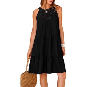Women's Halter A-Line Tiered Swing Sundress Beach Vacation Mini Dress Sleeveless Summer Trendy Hollow Out Dresses Casual