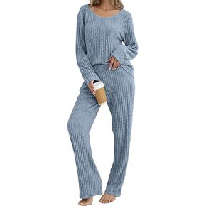 Women's Ribbed Knit Pajama Set Long Sleeve 2 Piece Loungewear Outfits Soft Pj Clothing Set with Pockets