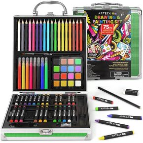 Arteza Kids Painting & Drawing Kit, 75-Piece Artist Bundle — 18 Mini Colored Pencils, 16 Watercolor Cakes, 14 Oil Pastels & 14 Crayons, Art Supplies for Developing Motor Skills and Imagination