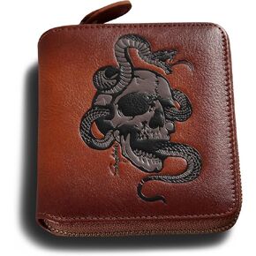skneephate Mens Wallet Zipper,Skull Men's Leather Wallets With Coin Pocket, Multi-Functional,RFID Blocking,Gifts for Him(coffee)