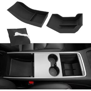 Tesla Model 3/Y Center Console Organizer Tray(Carbon Fiber Exterior Design) Tesla Accessories Armrest Hidden Storage Box-Tissue Holder Glasses Holders for Car Sun Visor