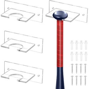 AHANDMAKER 4 Sets Acrylic Baseball Bat Wall Mount Holder, Sturdy Acrylic Bat Hanger Clear Baseball Bat Display Rack Baseball Bat Hanger Wall Baseball Bat Bracket Softball Holder with Screws