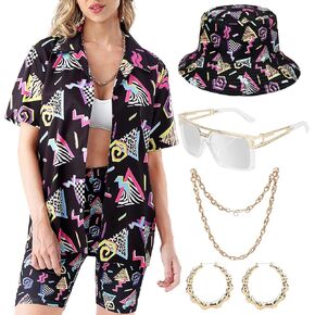 80s 90s Outfit for Women Retro Theme Party Disco Outfit Hip Hop Button Up Blouse Tops Casual Short Sleeve Hawaiian Vintage